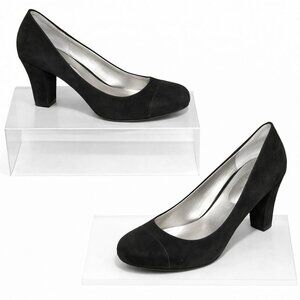 ME TOO Lust Black Suede Leather Pumps Block Heels Shoes Size 9M